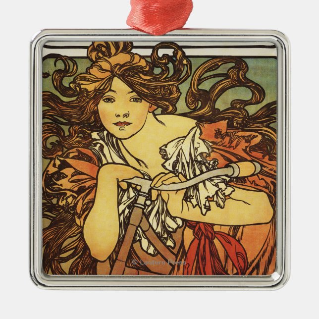 Perfecta Bicycles with Woman Advertistisch Poste Julgransprydnad Metall (Framsidan)