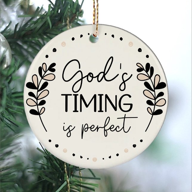 Perfekt Beige Black Lövs Julgransprydnad Keramik (God's timing is perfect Christian Inspirational Script Typography Leaves Ceramic Christmas Ornament.)