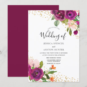 Perfekt Bröllop: Burgundy Rosa Flower Guld Glitter Inbjudningar