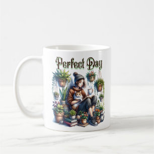 Perfekt Dag Läsning av flickor med katt och växt Kaffemugg