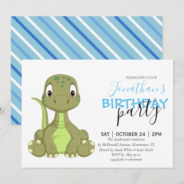 Perfekt Dinosaur-Thed Birthday-inbjudan! Meddelande (Fram/baksida)