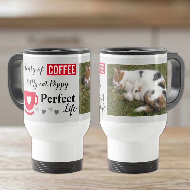 Perfekt kattdjur och kaffe grått rött foto resemugg (Skapare uppladdad)