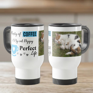 Perfekt kattdjur och kaffe vitt blått foto resemugg