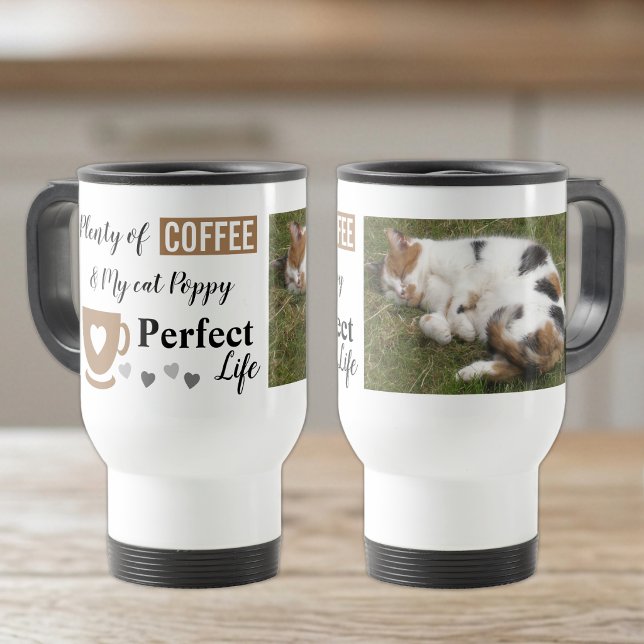 Perfekt kattdjur och kaffe vitt brunt foto resemugg (Skapare uppladdad)