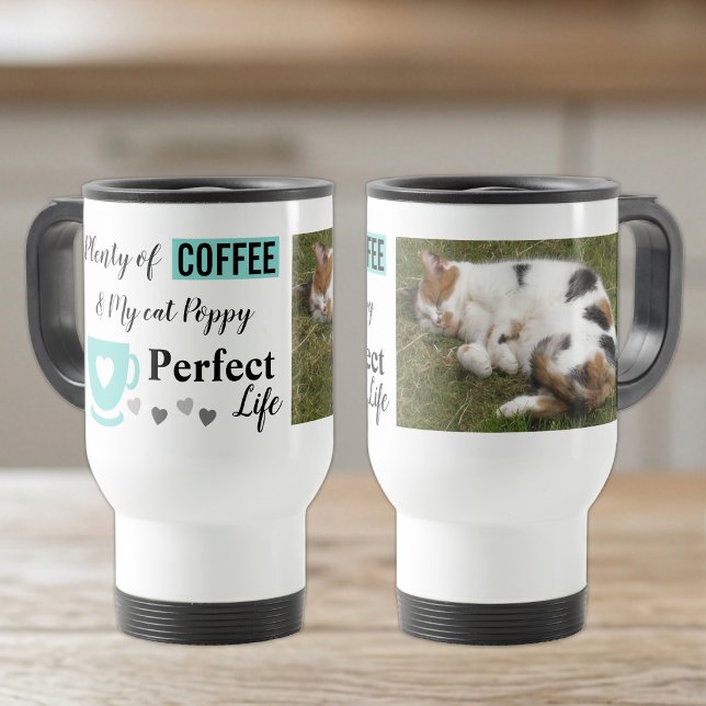Perfekt kattdjur och kaffe vitt mint foto resemugg (Skapare uppladdad)