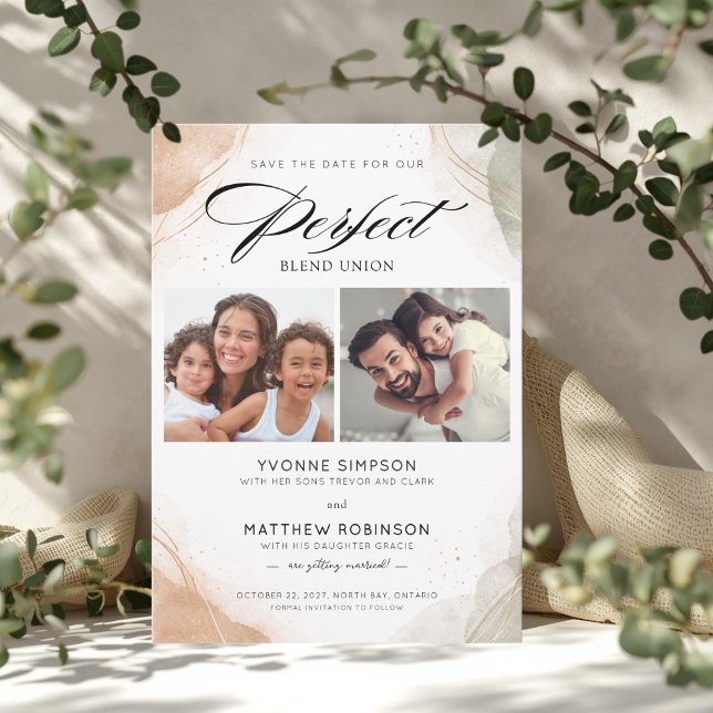 Perfekt Kombinerad Union Elegant Spara Datum-kort Inbjudningar (Perfect Blend 2 Photo Wedding Save The Date Card)
