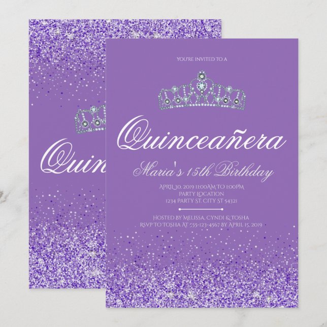 Perfekt lilaglitter, Quinceanera inbjudningar (Fram/baksida)