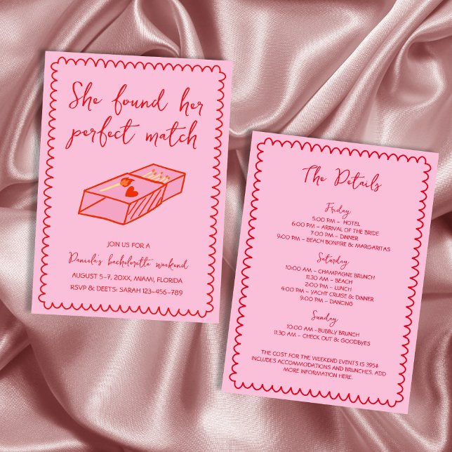 Perfekt Match Hand plockade Rosa Bachelorette Helg Inbjudningar (Perfect Match Hand Drawn Pink Bachelorette Weekend Invitation)