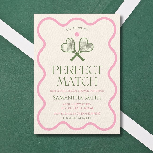 Perfekt Match Tennis Rosa & Grönt Möhippa Inbjudningar (She found her perfect match tennis inspired bridal shower pink & green wavy frame modern )