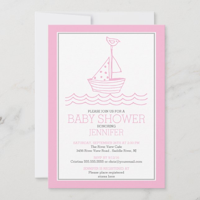 Perfekt Nautical Sailboat Girls Baby Shower Inbjudningar (Framsida)