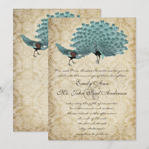 Perfekt Pair Aqua Åldras Damask Peacock Elegance Inbjudningar