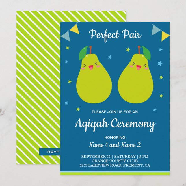 Perfekt Pair Cute Pear Twillingars Aqiqah Inbjudningar (Fram/baksida)