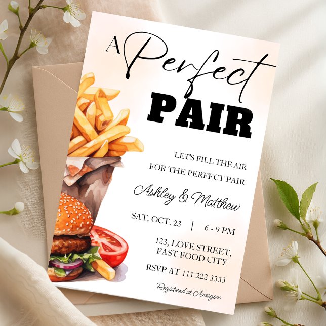 Perfekt Par Burger och Pommes Par Blandad Dusch Inbjudningar (Perfect Pair Burger and Fries Couple Coed Shower Invitation)