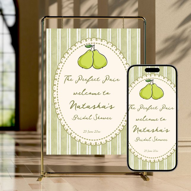 Perfekt par päron bröllopsdusch välkomstskylt poster (Perfect pair pear bridal shower  personalized welcome sign poster template instant download)
