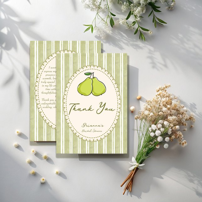 Perfekt par sagegrön rand päron bröllopsdusch tack kort (Perfect pair sage green stripes vintage retro pear bridal shower thank you cards)