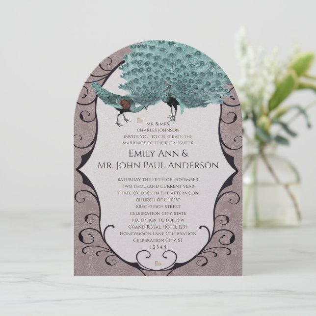Perfekt Par Teal & Mink Damask Påfågel Inbjudningar (Stående Fram)