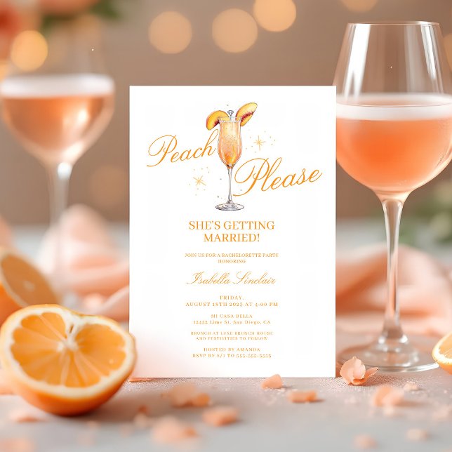 Perfekt. | Peach Bellini Bachelorette Party Inbjudningar (Peach Please She's Getting Married! Bellini Theme Bachelorette Party Invitation)