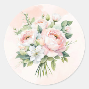 Perfekt Rosa Watercolor Peony Blommigt Bröllop Runt Klistermärke