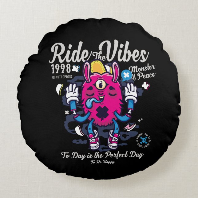 Perfekt till lycklig | Lönsam monster i fred | Rund Kudde (Framsidan)