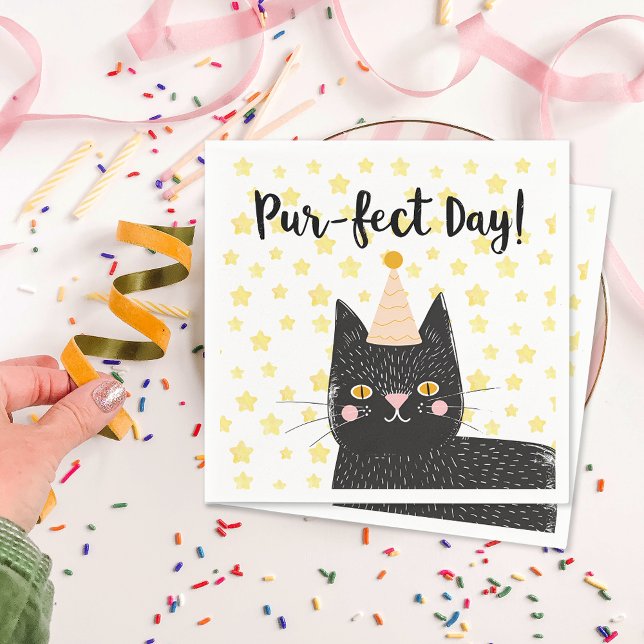 Perfekten för den konstiga svarta katten på födels pappersservett (Funny Black Cat Perfect Day Birthday Napkins)