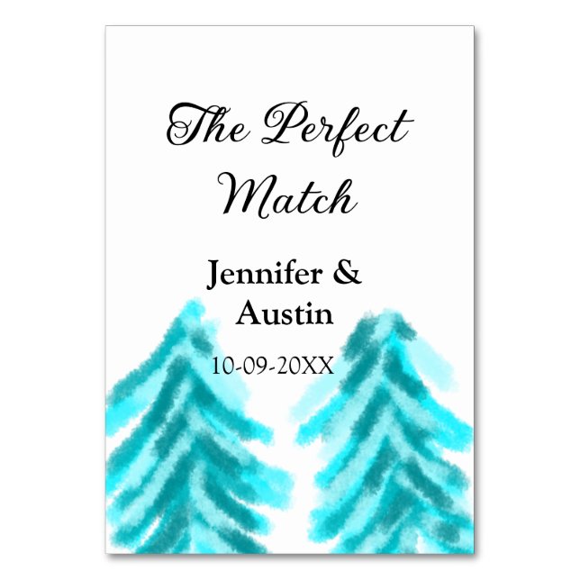 Perfekten matchar vinterblått gräs träd bröllop bordsnummer (Framsidan)