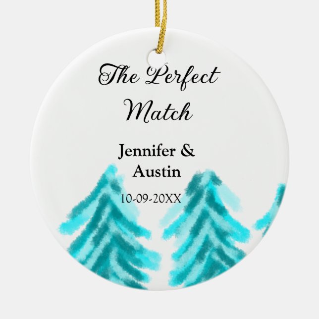 Perfekten matchar vinterblått gräs träd bröllop julgransprydnad keramik (Framsidan)