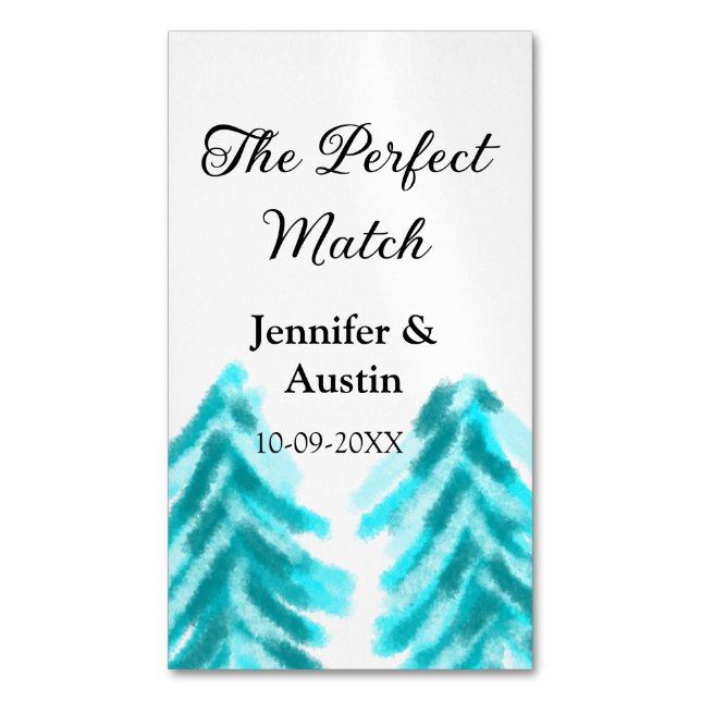 Perfekten matchar vinterblått gräs träd bröllop magnetiska visitkort (Framsida vertikal)