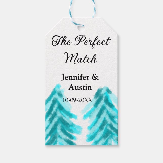 Perfekten matchar vinterblått gräs träd bröllop presentetikett (Framsidan)