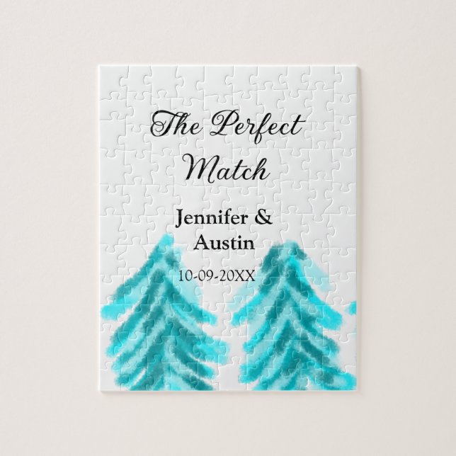 Perfekten matchar vinterblått gräs träd bröllop pussel (Vertikal)