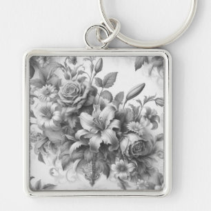 Perfektion för svartvit Blommigt Fyrkantig Silverfärgad Nyckelring