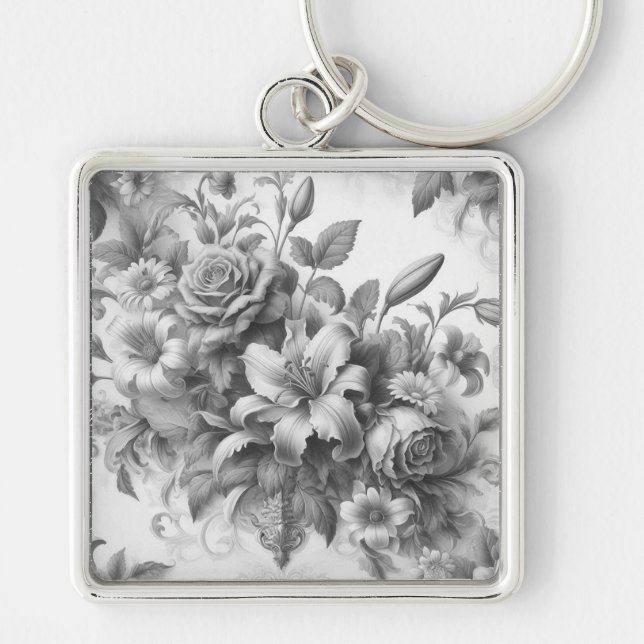 Perfektion för svartvit Blommigt Fyrkantig Silverfärgad Nyckelring (Framsidan)