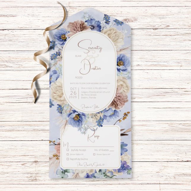 Peri Blue Boho Flowers & Grasses Dinner (Also available with a QR code or without dinner options.)