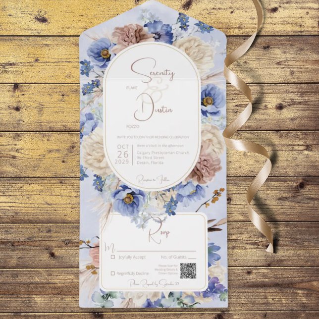Peri Blue Boho Flowers & Grasses QR-kod (Also available without a QR code; with or without dinner selection options.)