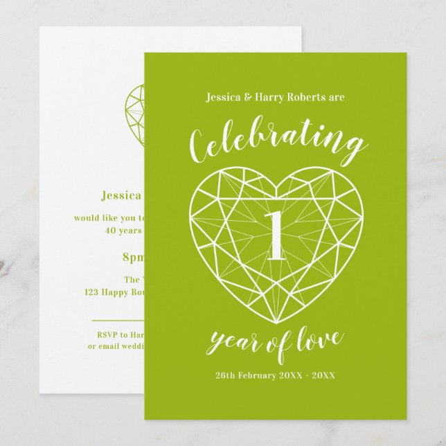 Peridot firar 1 års kärlek festinbjudningar inbjudningar (Fram/baksida)