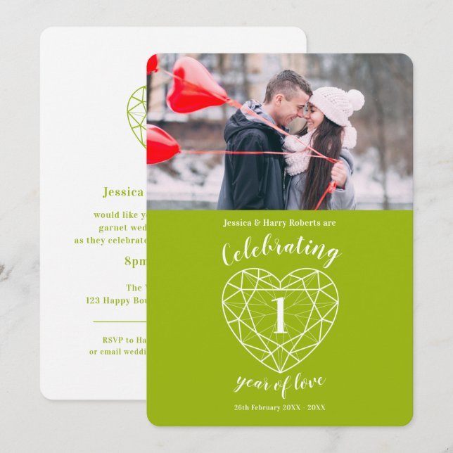 Peridot hjärta 1-årsdagen 1-årsfotofilm inbjudan (Fram/baksida)