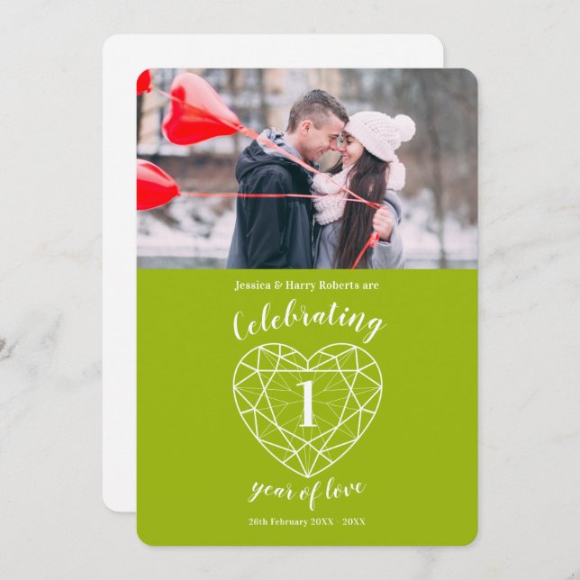 Peridot hjärta 1-årsjubileum 1 år foto inbjudan (Fram/baksida)
