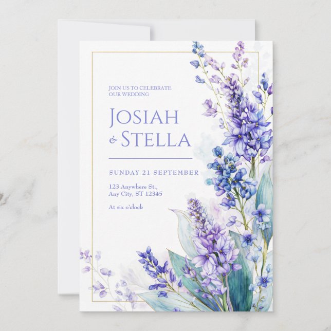 Periwinkle Akvarell Muscari Guld Ram Bröllop Inbjudningar (Framsida)