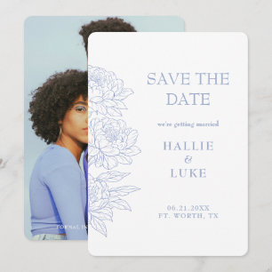 Periwinkle Blå Peony Foto Bröllop Spara Datum II Inbjudningar