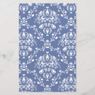 Periwinkle Blue and White Damask Brevpapper