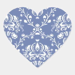 Periwinkle Blue and White Damask Hjärtformat Klistermärke