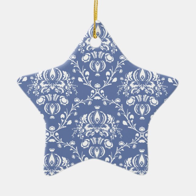 Periwinkle Blue and White Damask Julgransprydnad Keramik (Framsidan)