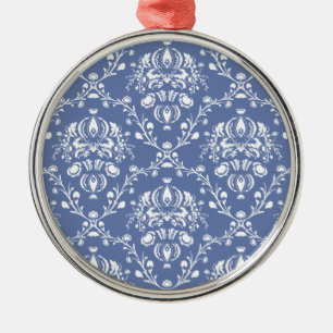 Periwinkle Blue and White Damask Julgransprydnad Metall