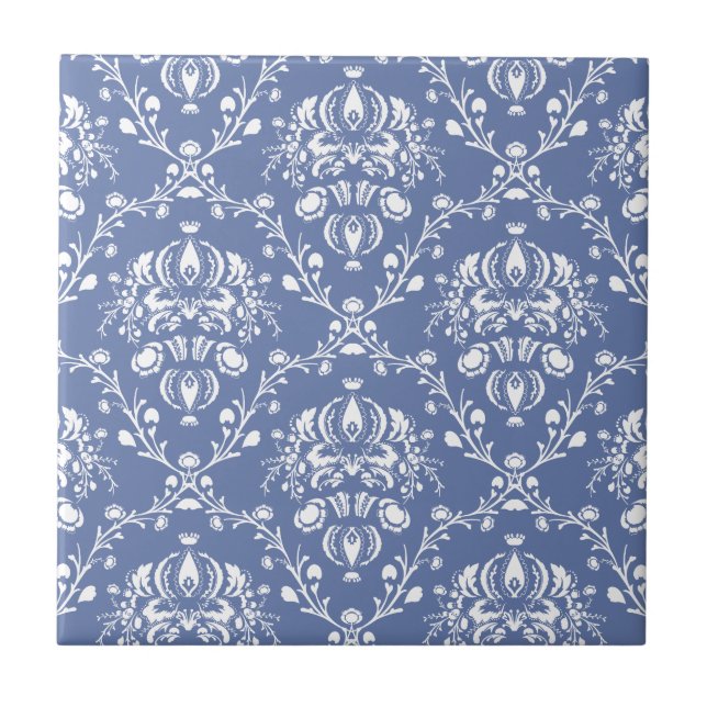 Periwinkle Blue and White Damask Kakelplatta (Framsidan)