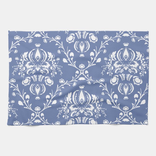 Periwinkle Blue and White Damask Kökshandduk (Horisontell)