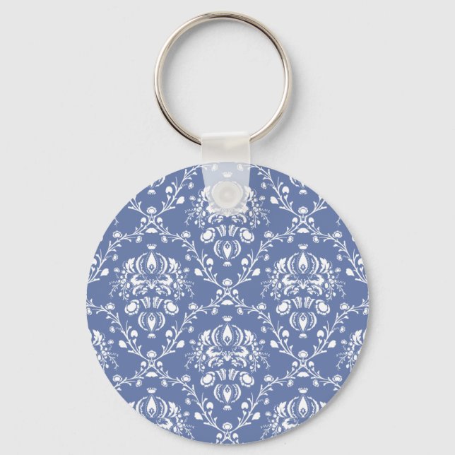 Periwinkle Blue and White Damask Nyckelring (Framsida)