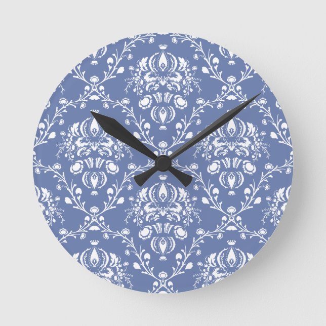 Periwinkle Blue and White Damask Rund Klocka (Framsida)