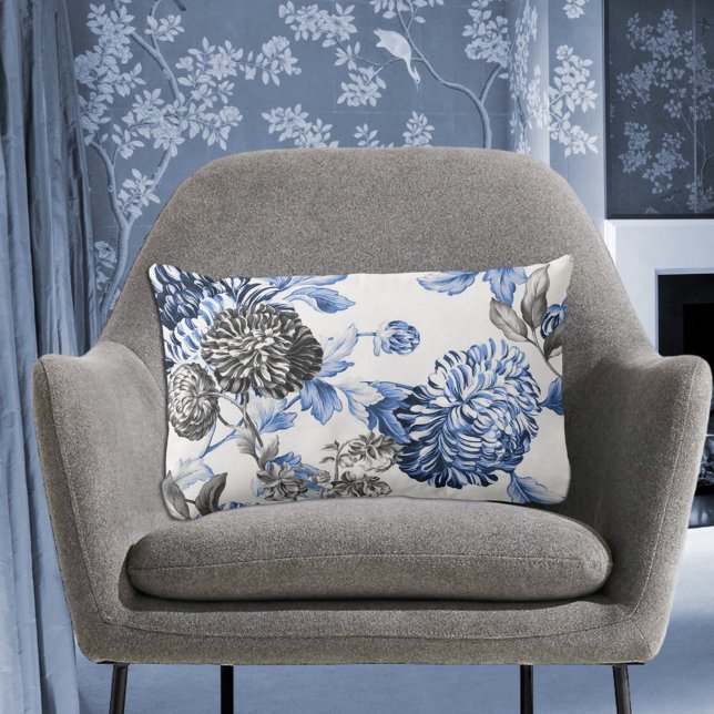 Periwinkle Blue Black & White Botanile Toile Lumbarkudde (Skapare uppladdad)