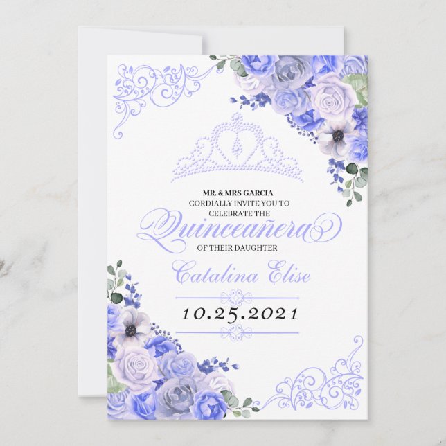 Periwinkle Blue Blommigt Quinceanera Birthday Inbjudningar (Framsida)