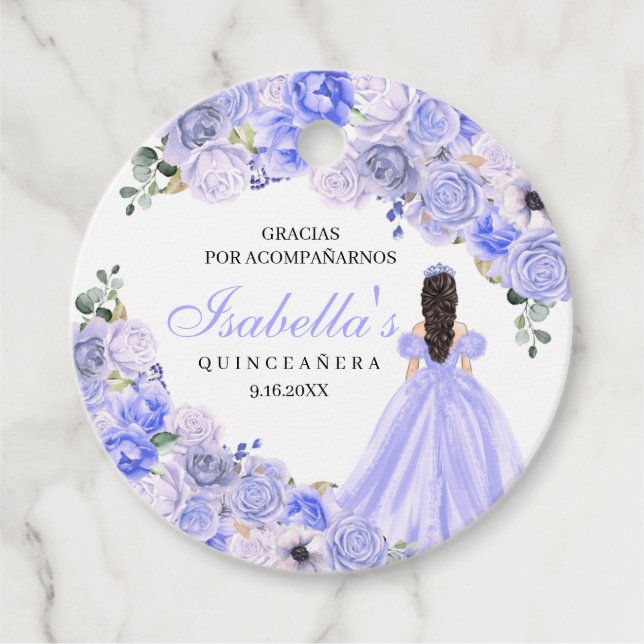 Periwinkle Blue Blommigt Quinceanera Circle Favor  Gåvor Etiketter (Framsida)