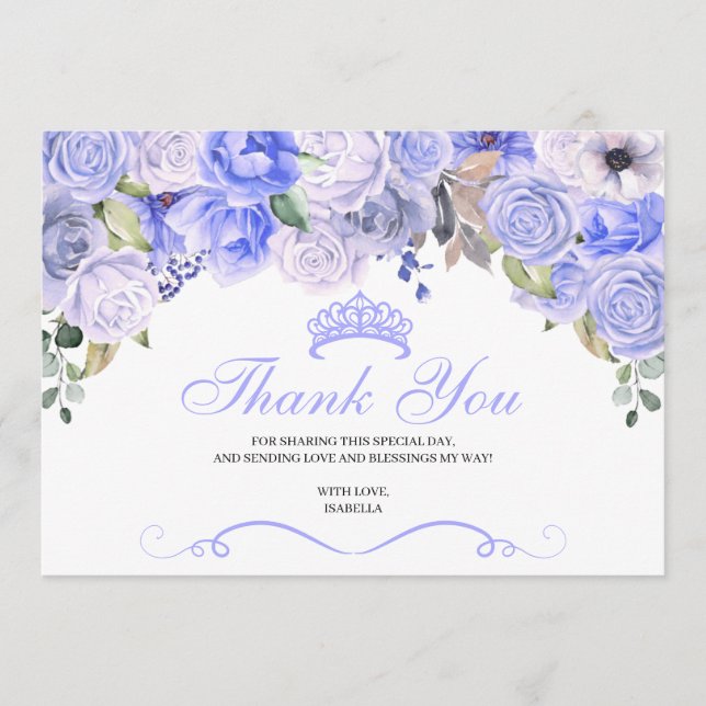 Periwinkle Blue Blommigt Quinceanera Tack Kort (Framsida)